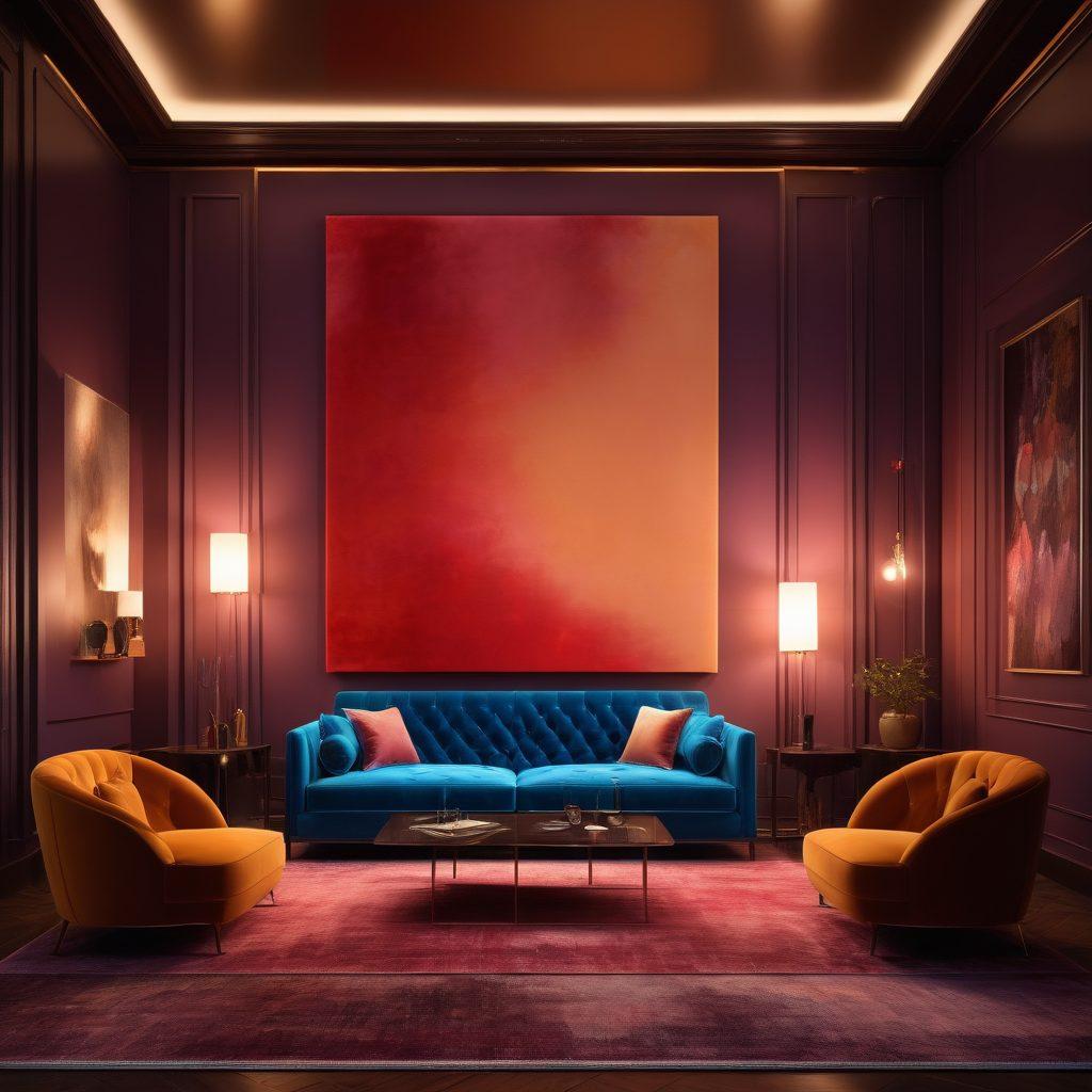 A captivating and alluring scene featuring an elegant, dimly-lit lounge with plush velvet seating, where silhouettes of couples engage in intimate conversations. The atmosphere exudes sensuality with soft, warm lighting and tasteful decorations. Include subtle hints of modern technology, like a sleek screen displaying abstract art. The focus should be on creating a feeling of exploration and excitement. vibrant colors. 3D.