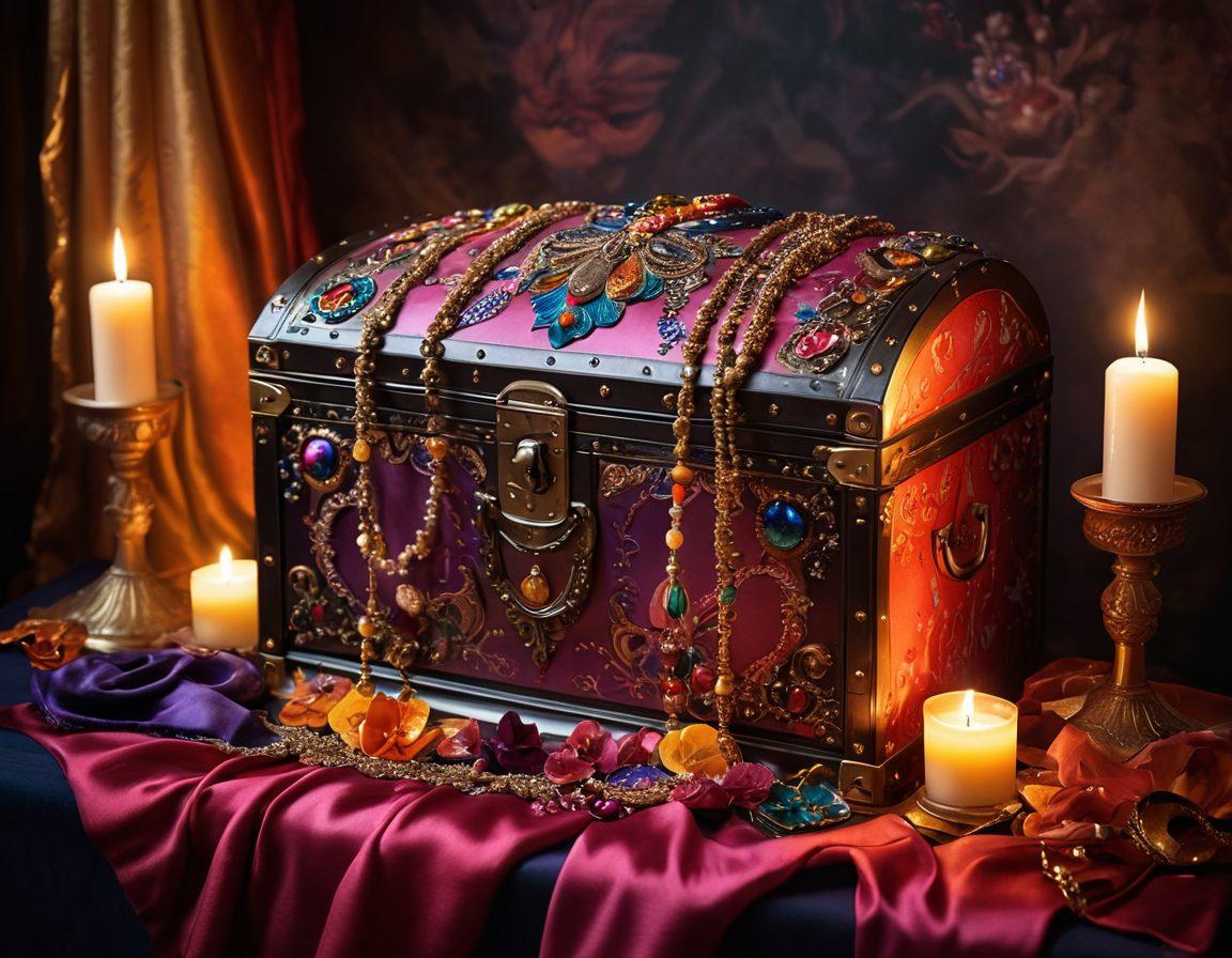 A visually captivating treasure chest overflowing with colorful, alluring items symbolizing sensual entertainment, like silk scarves, masquerade masks, and shimmering gems. Surround the chest with an inviting, romantic ambiance featuring soft candlelight and silhouettes of dancing figures in the background, exuding passion and intrigue. The scene is rich in warm, vibrant colors to evoke a sense of desire and allure. super-realistic. vibrant colors. intimate atmosphere.